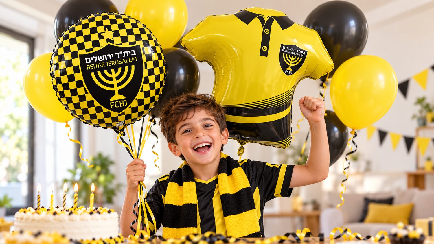 ילד אוהד בית״ר ירושלים מחזיק זר בלונים צהובים ושחורים