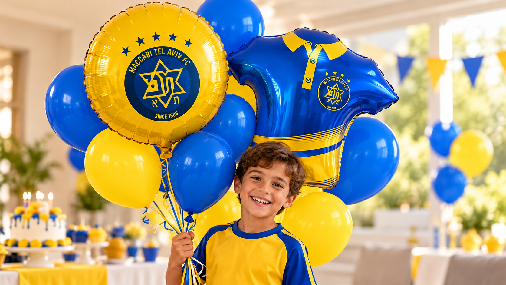 ילד חוגג עם בלוני מכבי תל אביב כחולים וצהובים